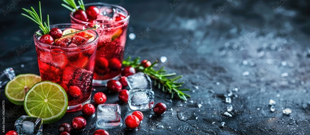 Aufkleber Two glasses of a refreshing red cranberry and lime cocktail with rosemary and ice on a dark background with copy space image.