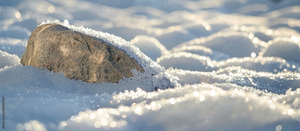 Fototapete Snow-covered ground in winter with a sparkling texture under sunlight, highlighted by a lone rock in the background, creating a picturesque copy space image.