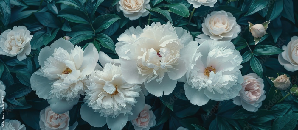 Aufkleber Blooming white peonies and roses in a garden with floral wallpaper. Modern color scheme symbolizing love. Ideal for a card or text with ample copy space image.
