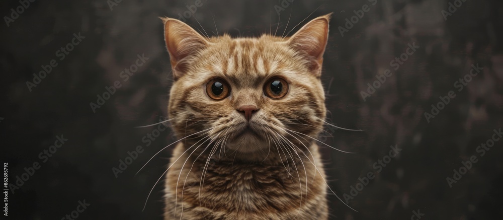 Poster A close-up studio portrait features an adorable Scottish straight cat against a dark backdrop, leaving room for text or other elements in the image. Copy space image. Place for adding text and design