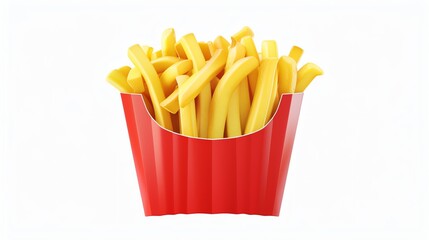 Golden French fries in a red carton, symmetrically placed and isolated on white, provided  for snack or quick meal visuals