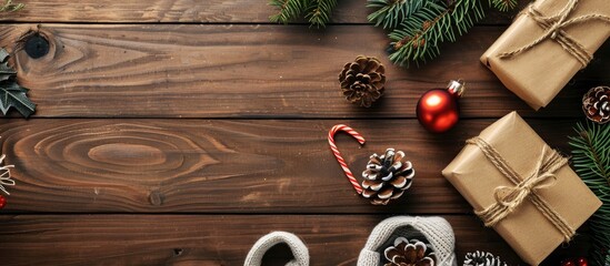 A stylish branding mockup for showcasing artwork with a cozy Christmas theme on a wooden background in a flat lay top view with copy space image.