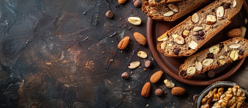 Homemade Italian cantucci biscuits with chocolate, almonds, and hazelnuts alongside some nutty biscotti cookies. Displayed with copy space image.