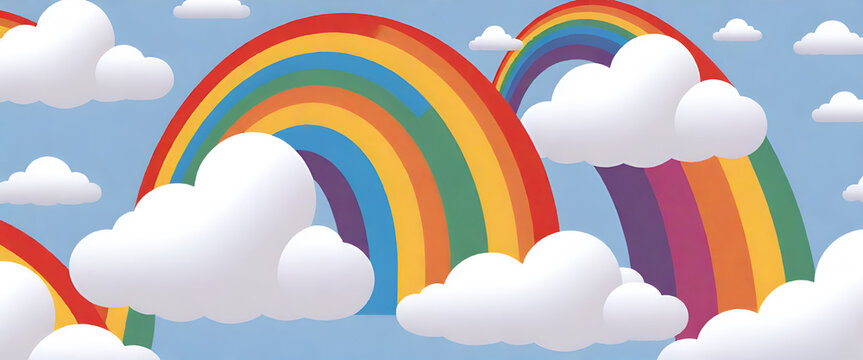 arcobaleno con candide nuvole, illustrazione in stile fumetto