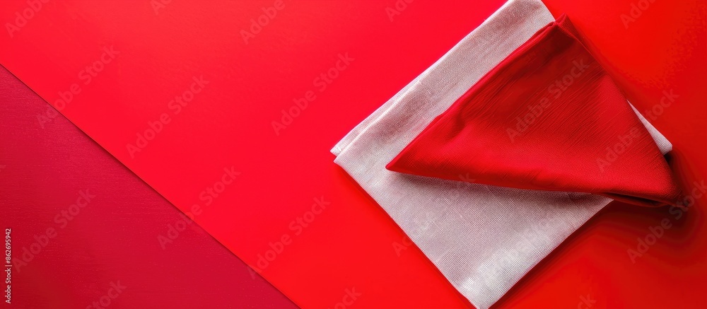 Poster Flat lay of red folded kitchen napkin on table, isolated background with copy space image for mockup, featuring a minimalistic style.