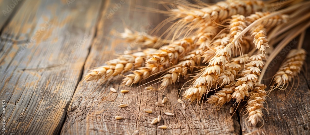 Poster Wheat ears arranged on a rustic wooden surface with a sheaf of wheat providing a focal point in the background, creating a visual representation of the harvest theme with copy space image.