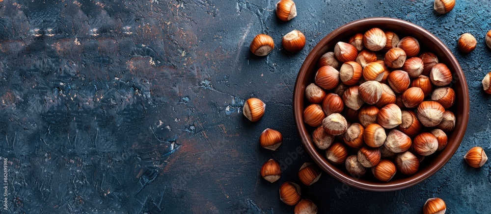 Wall mural Overhead shot of a bowl brimming with hazelnuts against a copy space image. - Wall murals