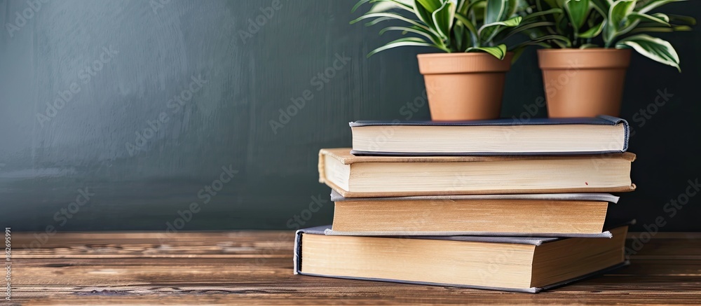 Poster back to school vibe with hardcover books on a wooden table, creating a cozy environment to study. co