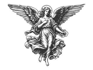 graceful angel with flowing robes and outstretched wings, capturing a sense of serenity and divinity sketch engraving generative ai vector illustration. Scratch board imitation. Black and white image.
