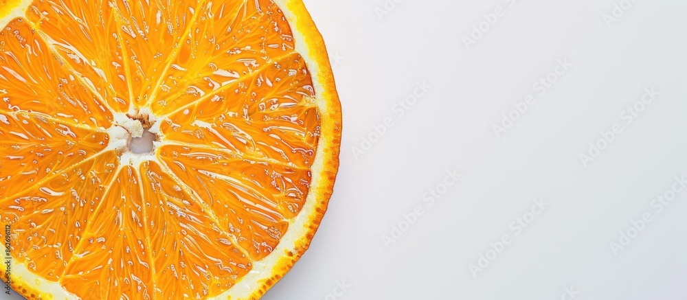 Poster fresh juicy orange slice on white background with tropical vibes and appetizing copy space image.
