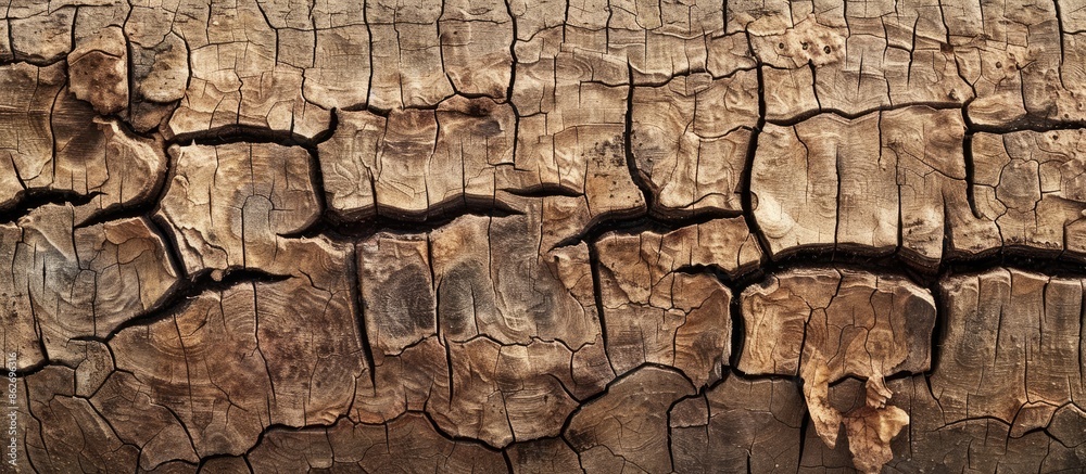 Aufkleber An aged tree surface displaying a pattern of worn brown cracks, suitable for using as a background and copy space image.