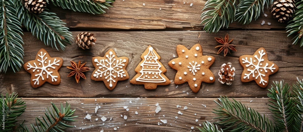 Aufkleber Top-down view of a Christmas card showcasing gingerbread cookies and a decorated fir tree, ideal for adding text or other elements to the image. Copy space image. Place for adding text and design
