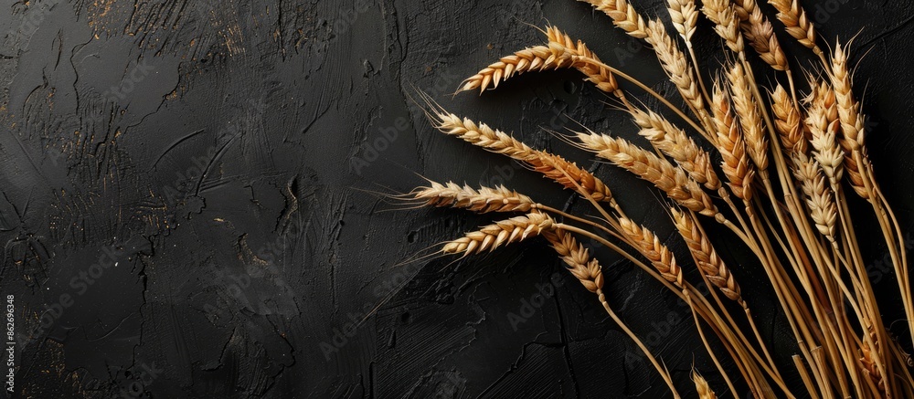 Poster wheat ears on a black background with copy space image available.