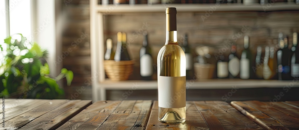 Aufkleber White wine bottle intact on aged table, shallow depth of field highlighting the foreground, with room for text or elements in the image. Copy space image. Place for adding text and design