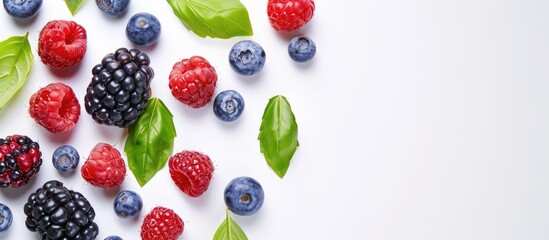 Various berries like blackberries, blueberries, and raspberries with basil leaves placed on a white background bordering the image, providing copy space for text.