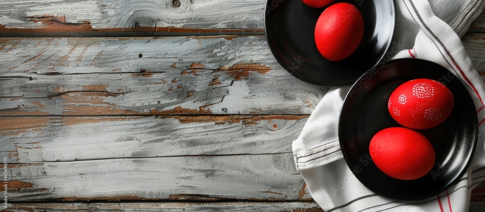 Poster Top-down view of red Easter eggs on black and white plates displayed on a rustic wooden table with a blank background for copy space image.