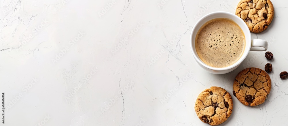 Aufkleber A visually pleasing scene with a cup of coffee and appetizing cookies arranged elegantly on a white surface with ample copy space image.