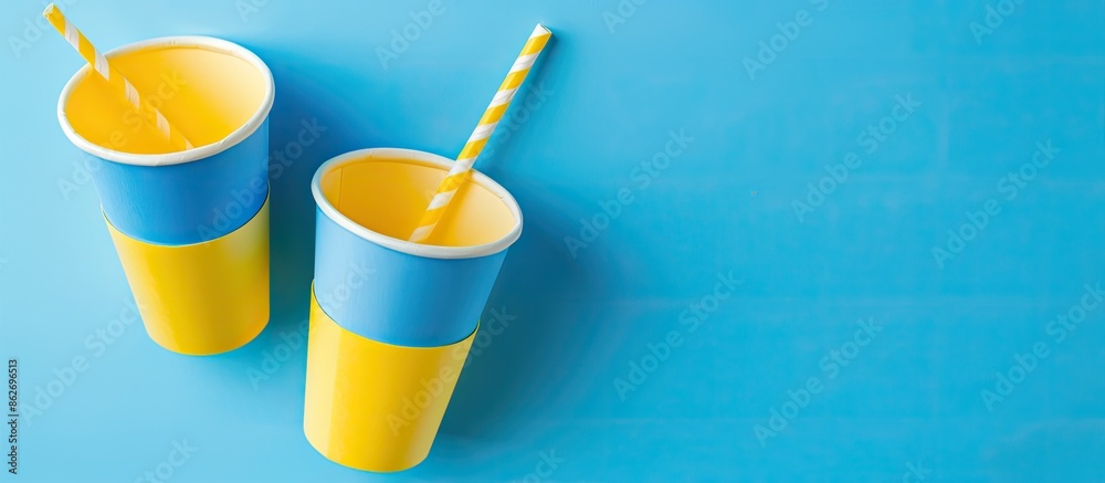 Poster Top view of blue and yellow paper cups with a straw set on a blue background, with a clear area for additional content, known as a 'copy space image.'
