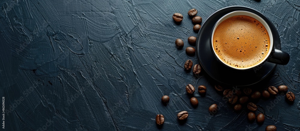 Aufkleber coffee cup filled with coffee and beans displayed on a black background with copy space image.