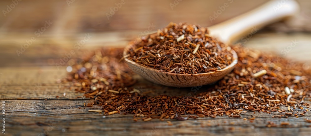 Poster close-up image featuring a pile of dried rooibos tea leaves and a wooden spoon, with a designated ar