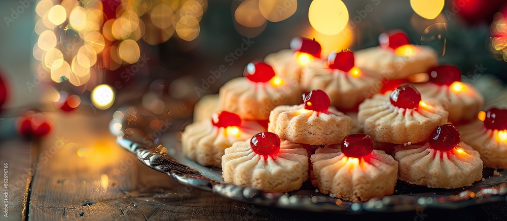 Poster christmas shortbread cookies adorned with glowing maraschino cherries create a festive and bright co