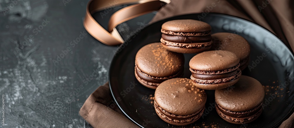 Poster Dark chocolate macarons displayed elegantly on a black plate with a ribbon and a brown napkin, set on a dark table background with copy space image.
