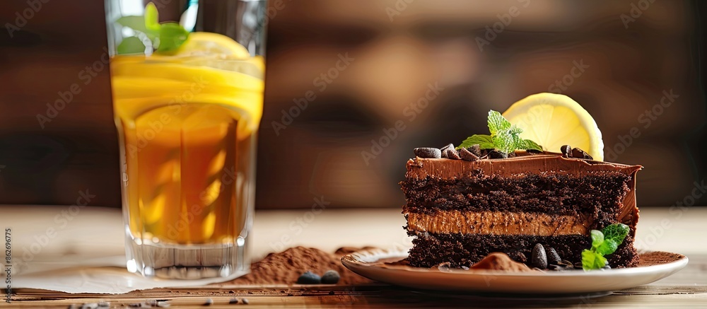 Aufkleber A refreshing lemonade and a decadent slice of chocolate cake displayed on a cafe table with copy space image.