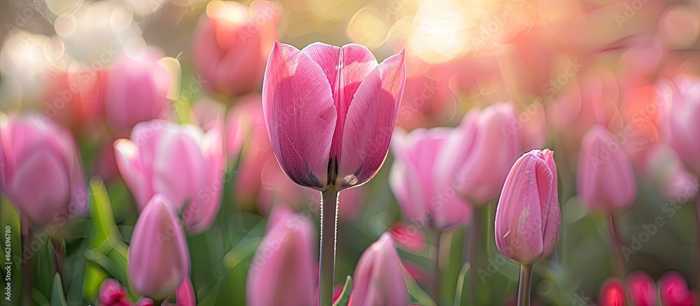Poster Close-up image of a luxurious pink tulip in a garden with copy space image.