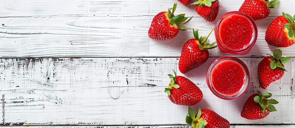 Poster Strawberry fruit smoothie placed on a white wooden table, with a clear area perfect for adding text or graphics known as a copy space image.