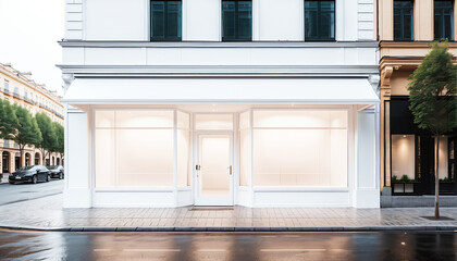 Frontal top view of the front of a modern and bright store in a shopping street of a city