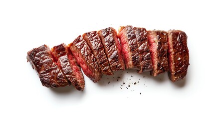 New York strip steak, juicy and inviting, symmetrically isolated on white, available  for menu design or meat market advertising
