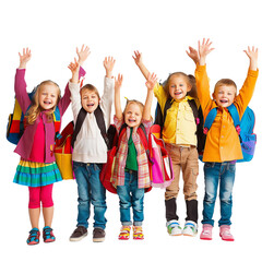 Obraz premium A group of happy school children with backpacks standing and holding their hands up