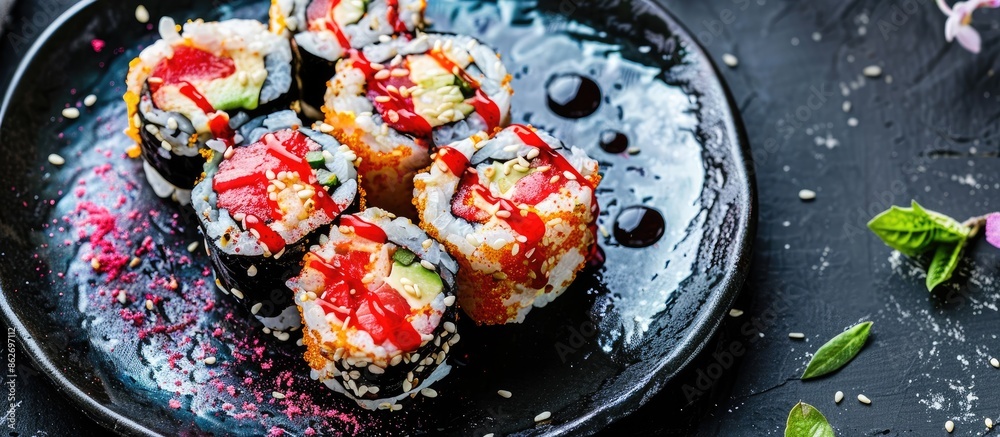 Poster top-down view of sushi rolls garnished with red mayonnaise sauce and cream cheese placed on a black 
