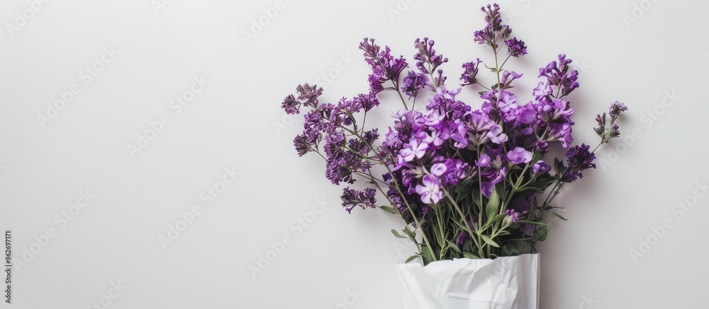 Aufkleber purple flowers arranged in a white paper bag on a white background, presented in a top-down view wit