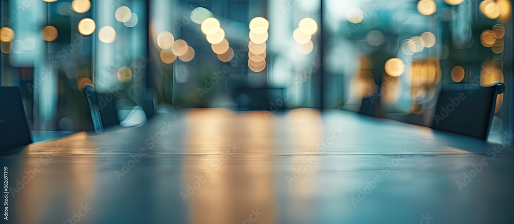 Poster blurry office background behind a table with copy space image.