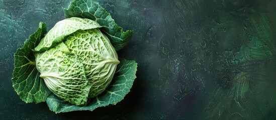 Fototapeta premium Top view of fresh white cabbage on a green background, suitable for dietary and vegetarian meals, featuring copy space image.