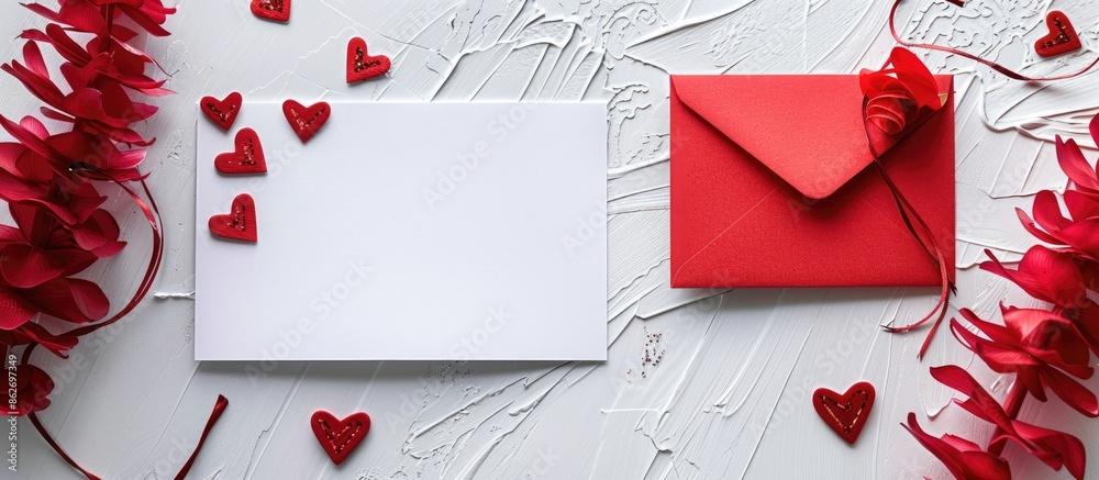 Poster Valentine's Day greeting card featuring romantic hearts on a white background with a red envelope. Includes a flat lei and space for text in the image. Copy space image