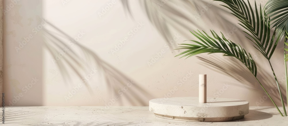 Poster Stone podium with a palm branch for displaying beauty products, set against a plain background with copy space image.