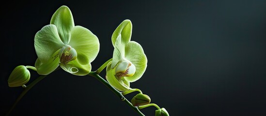 Close-up of a green orchid against a black background, leaving room for a copy space image.