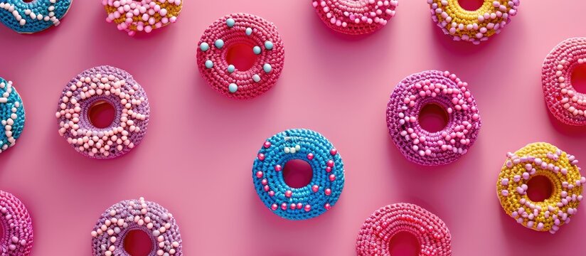 Handmade crocheted donuts adorned with shiny beads on a magenta background, perfect for a creative greeting card for Valentine's or Mother's Day, featuring copy space image.