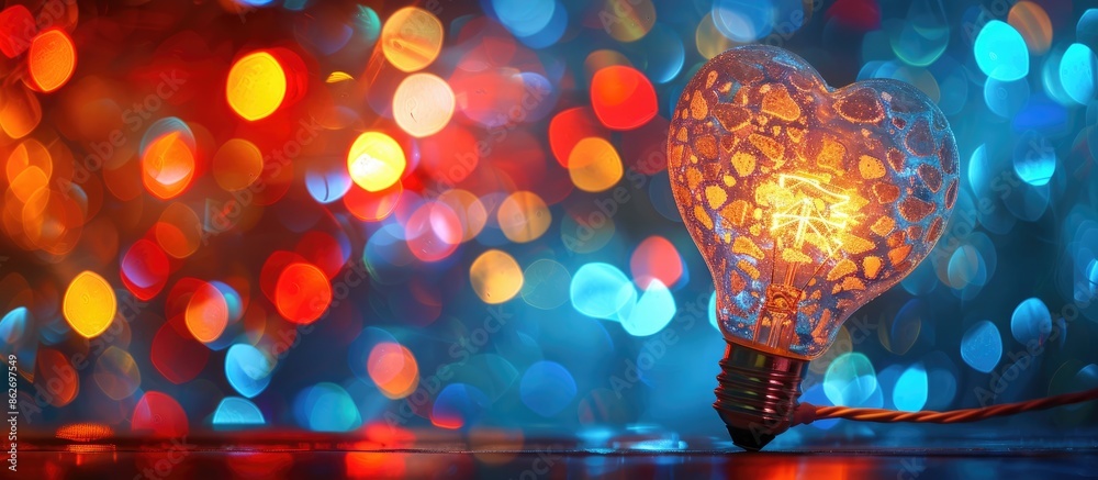 Wall mural blurred silver heart-shaped light bulb on a vibrant bokeh background with copy space image.