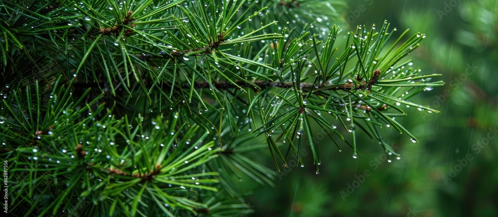 Leinwandbilder pine needles adorned with rain droplets on a rainy day, creating a picturesque scene. copy space ima