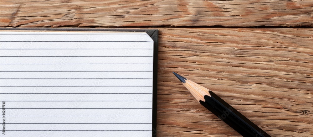 Aufkleber Top view of pencil on notebook paper resting on a brown wood table. Ideal for website banners, backgrounds, presentations, and marketing materials with ample copy space image.