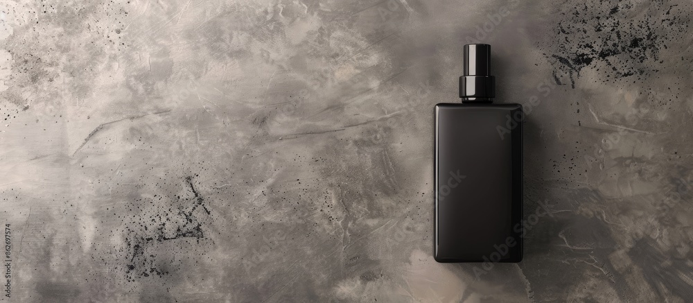 Poster top view of a men's cosmetic bottle presented on a gray background with copy space image.