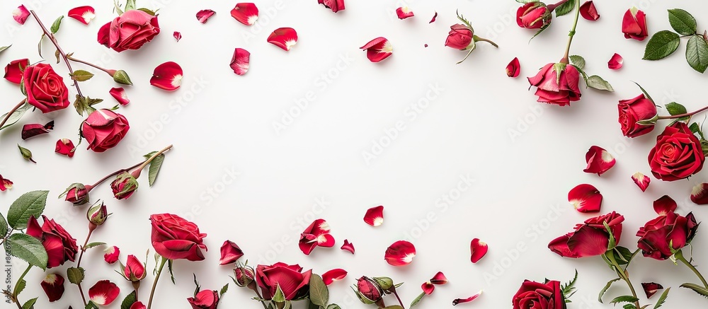 Fototapete top-down view of a frame created from rose blossoms on a blank white backdrop, featuring a flat lay 