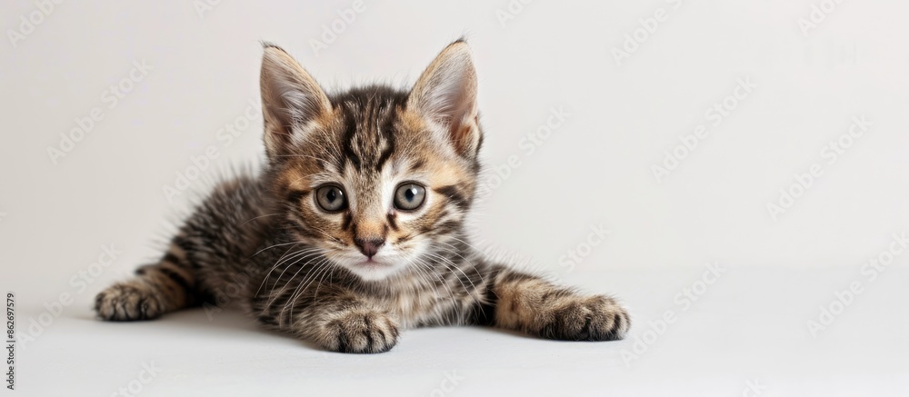 Poster A small Bengal kitten with charcoal fur rests on a white backdrop, creating a setting suitable for text or additional images.