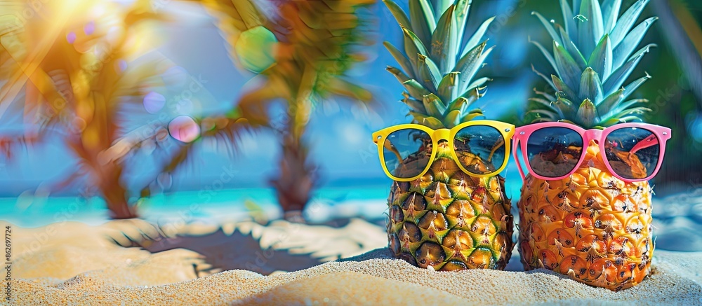 Poster Amusing pineapples with trendy sunglasses on sandy beach creating a lively scene in a copy space image.