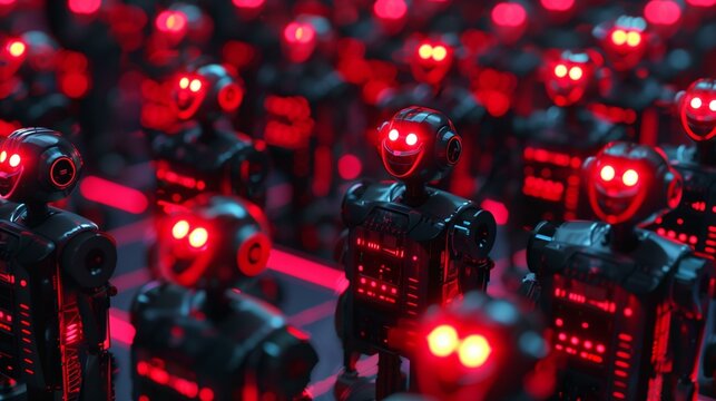 Army black red glowing eyed bots standing in formation on reflective surface, botnet, cyber security, robot