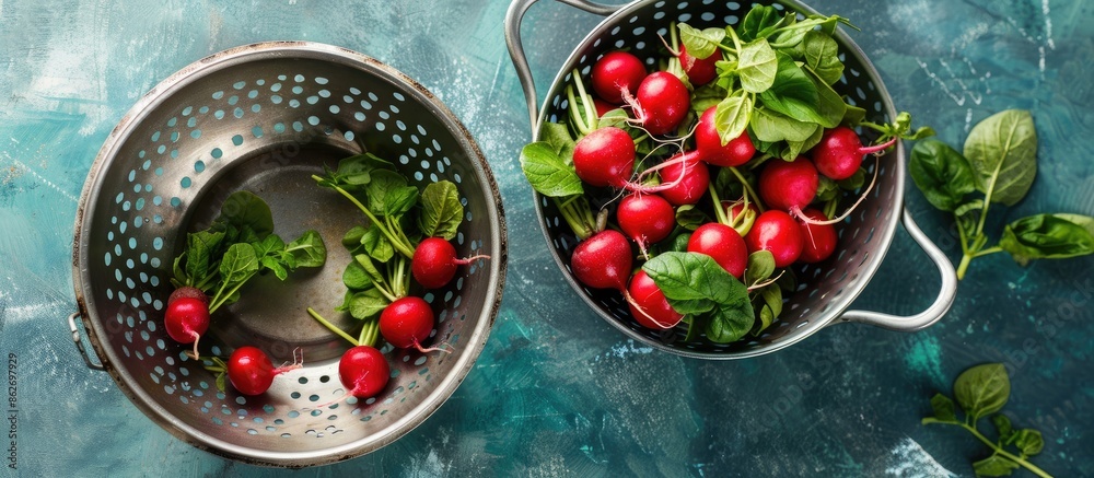 Poster top view of fresh radishes in a colander on a blue board with copy space image.