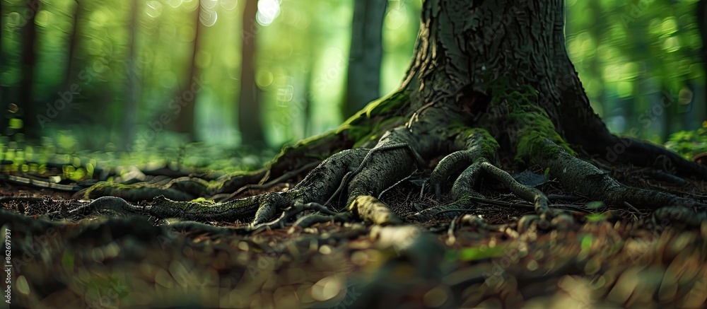 Leinwandbilder detailed close-up of pine tree roots in a forest, shot from a low angle to capture the natural scene